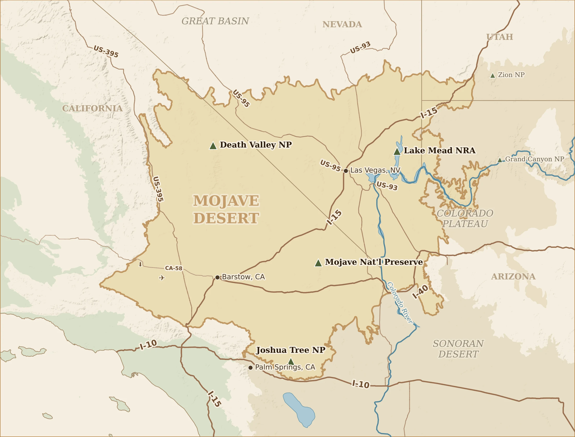Map of the Mojave Desert across California, Nevada, Utah and Arizona, marking Death Valley, Joshua Tree, Mojave National Preserve and Lake Mead, with the main interstates and US highways.
