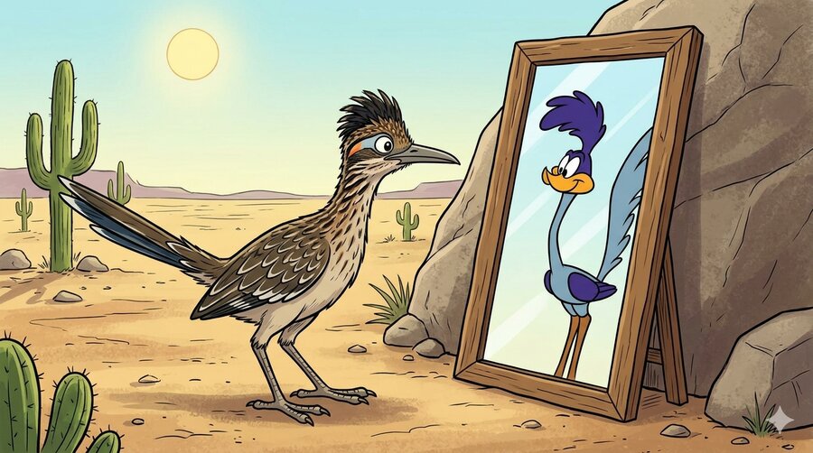 A real roadrunner looks in a mirror and sees the purple cartoon version staring back.